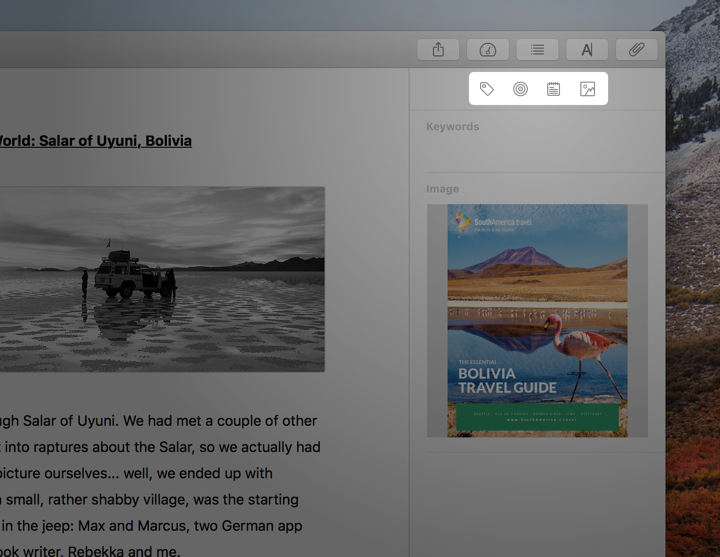 Attachments types: keywords, goals, notes and images/PDF files (from left to right)