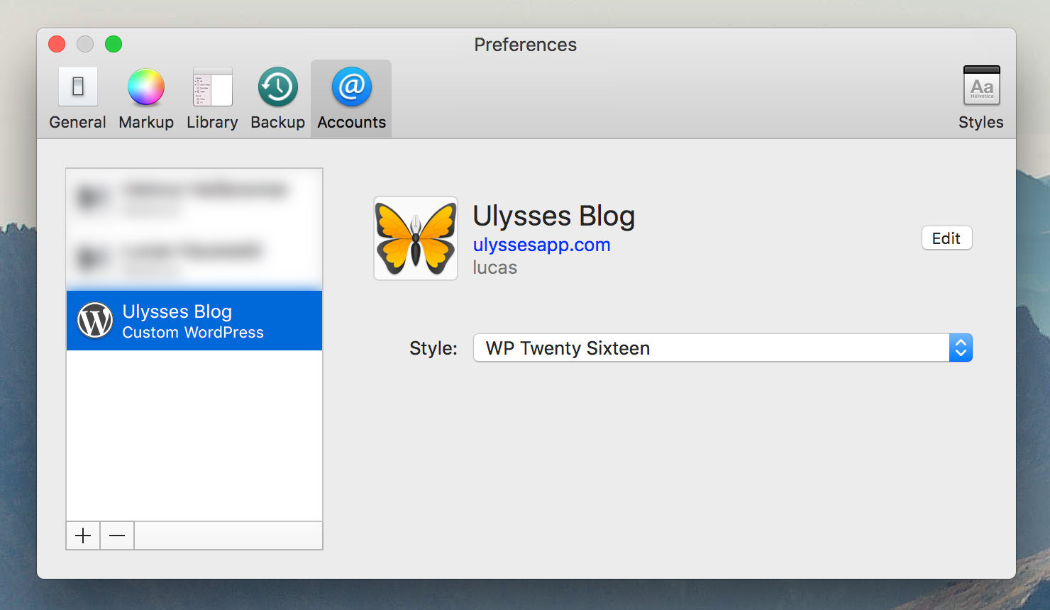 Screenshot of Ulysses’ account preferences. The WordPress account contains a pop-up menu called “Style” that defines the preview style for this account.