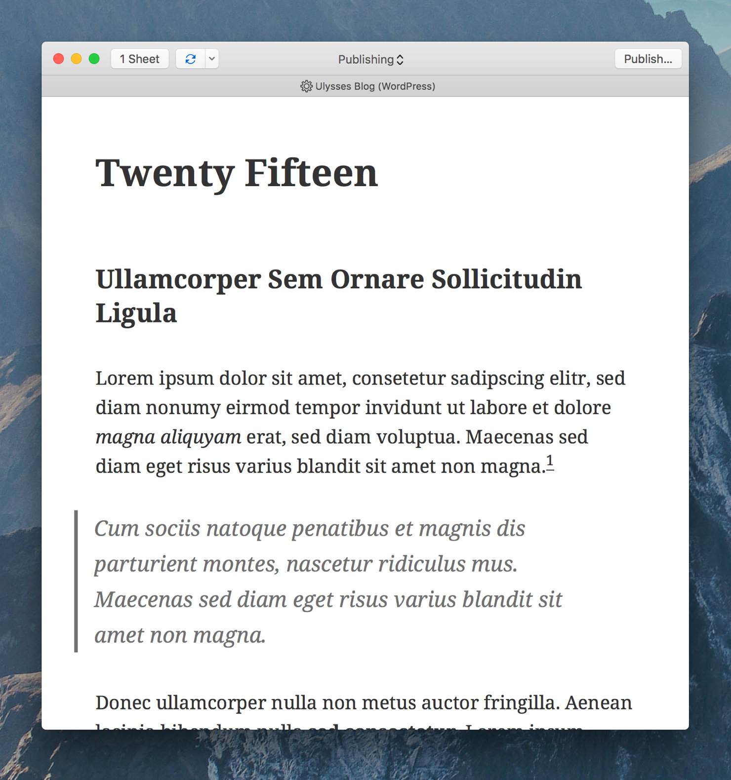 Ulysses’ export preview showing the preview style “WP Twenty Fifteen”.