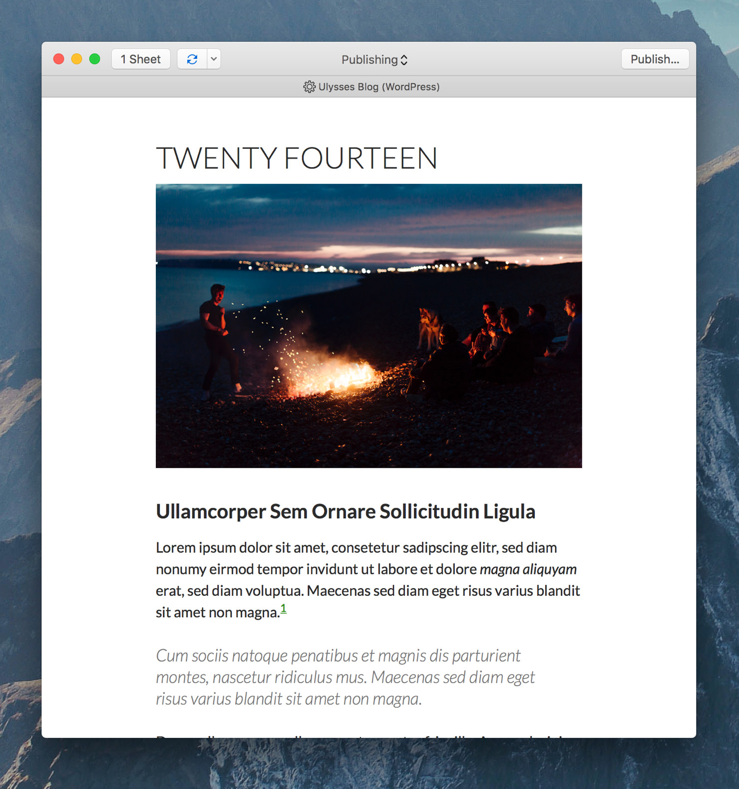 Ulysses’ export preview showing the preview style “WP Twenty Fourteen”.
