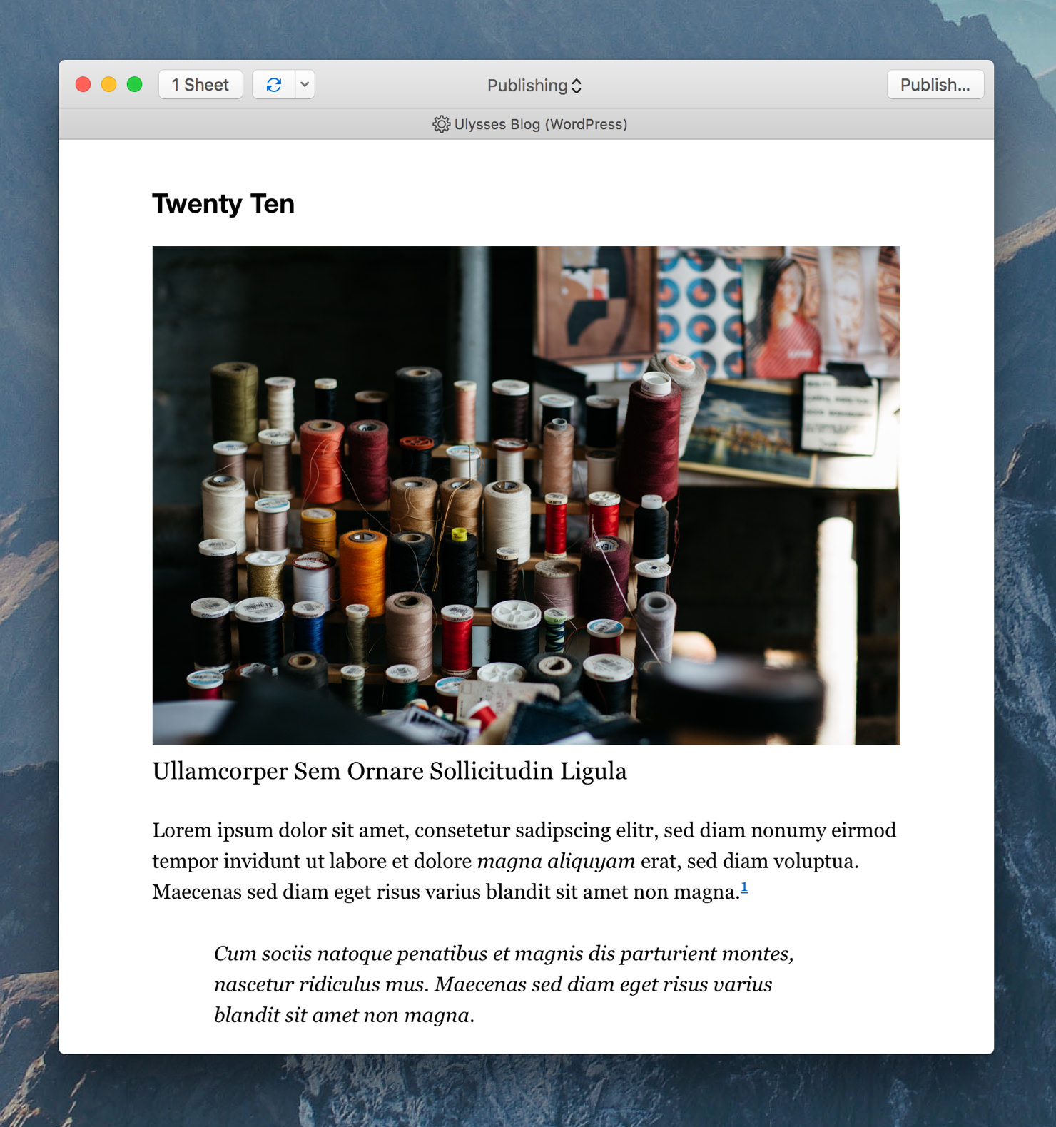 Ulysses’ export preview showing the preview style “WP Twenty Ten”.
