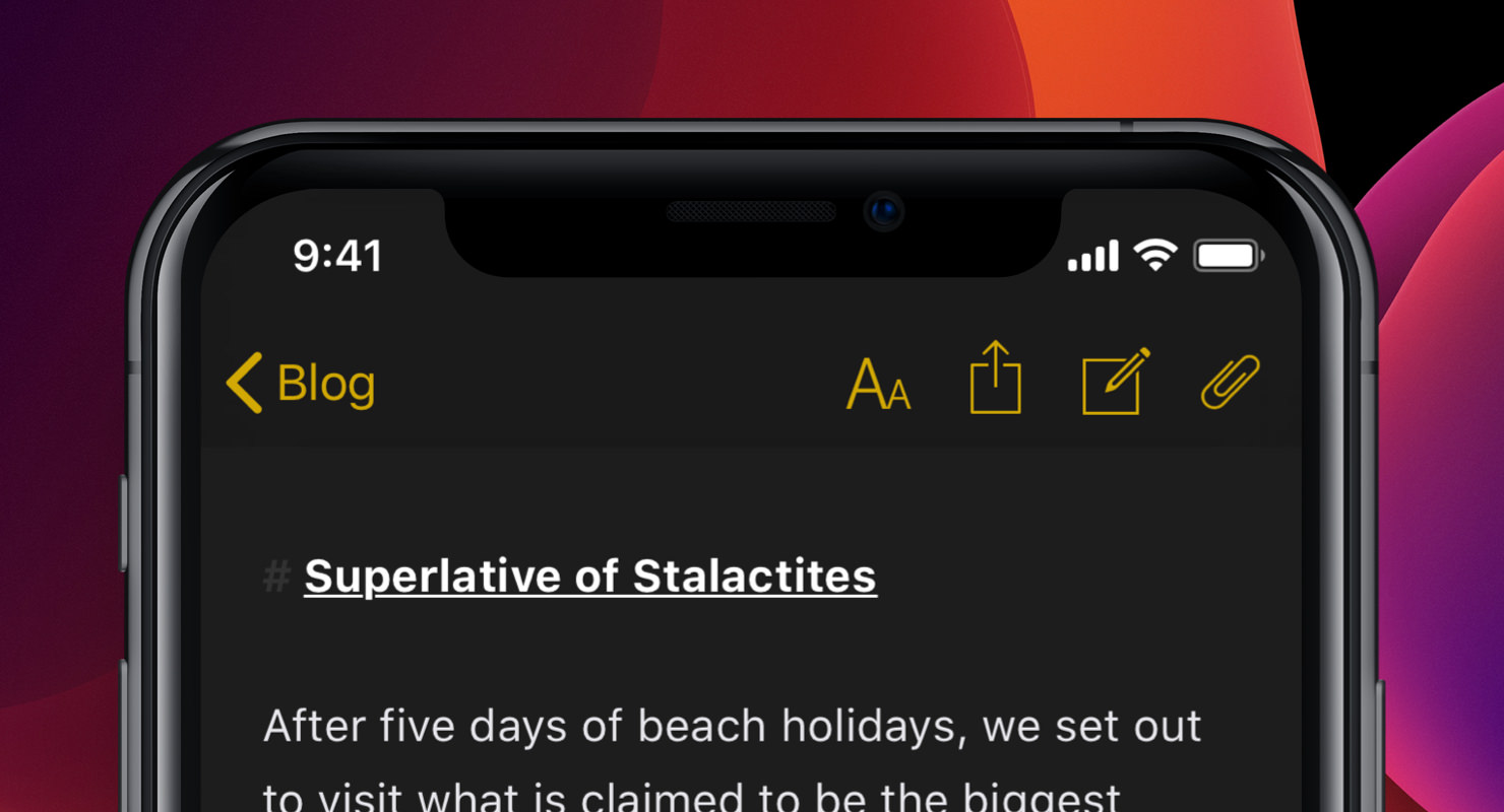 iPhone with Ulysses editor in Dark Mode open